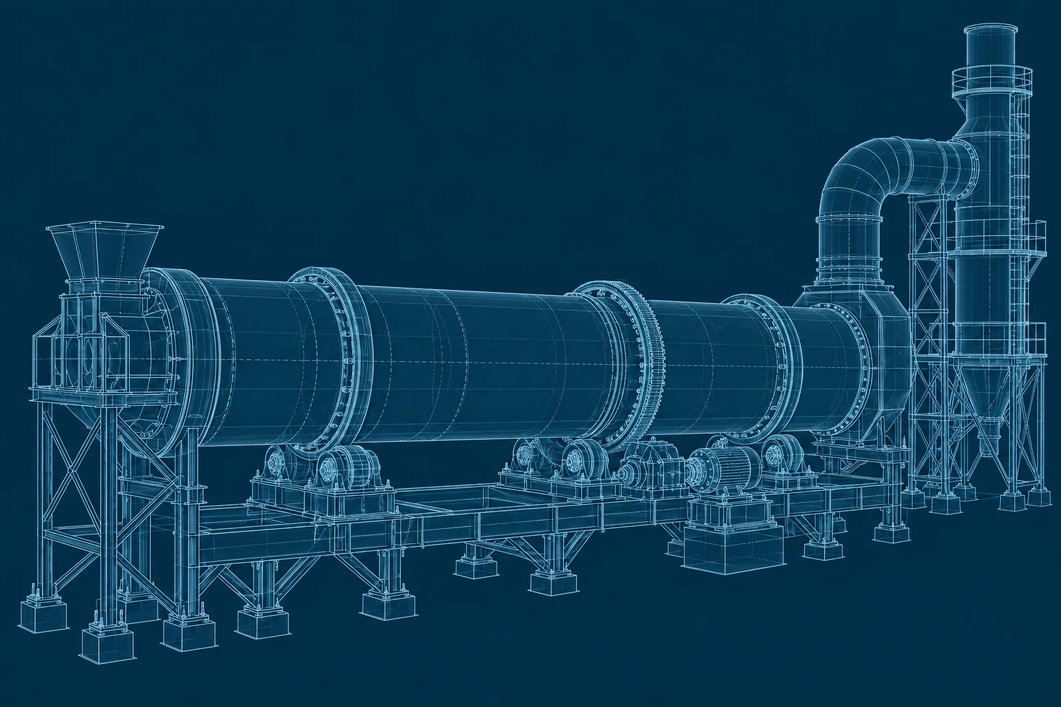 Technical drawing of a rotary kiln with a cylindrical drum, support bearings, drive motor, and exhaust ductwork