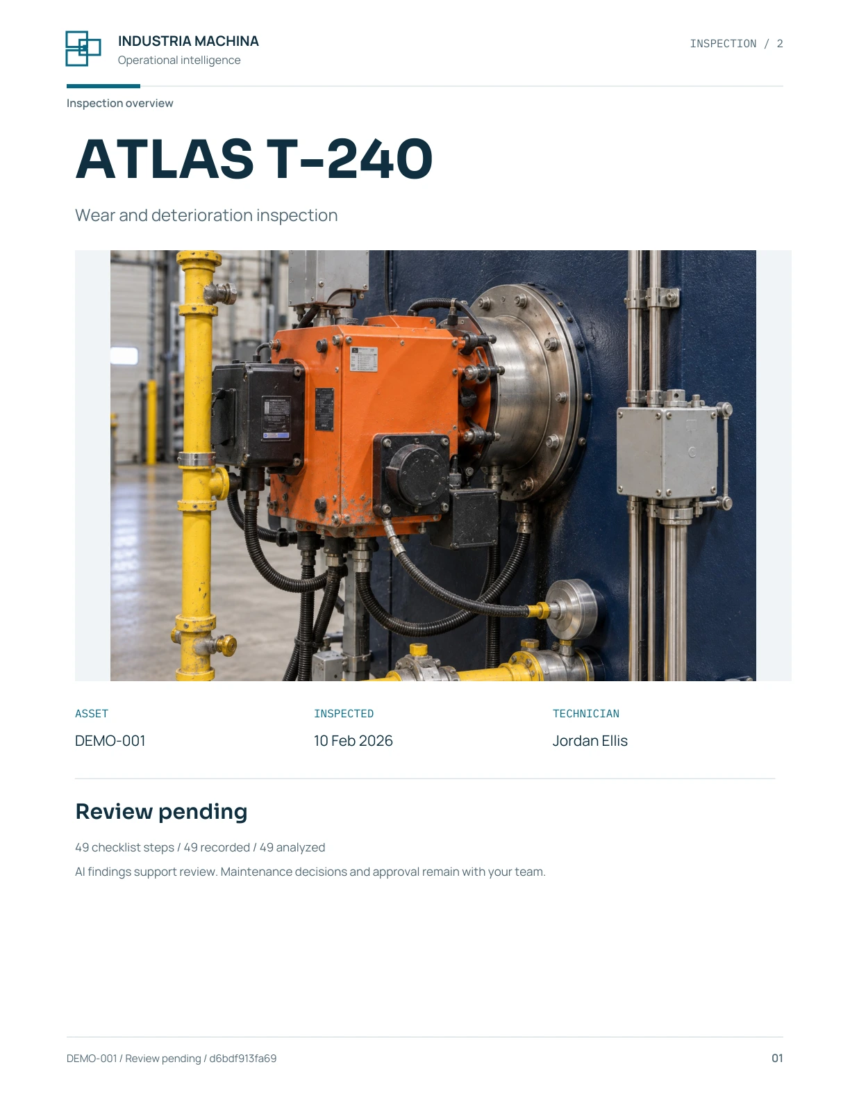 Report cover with equipment photograph, technician, date and Review pending status