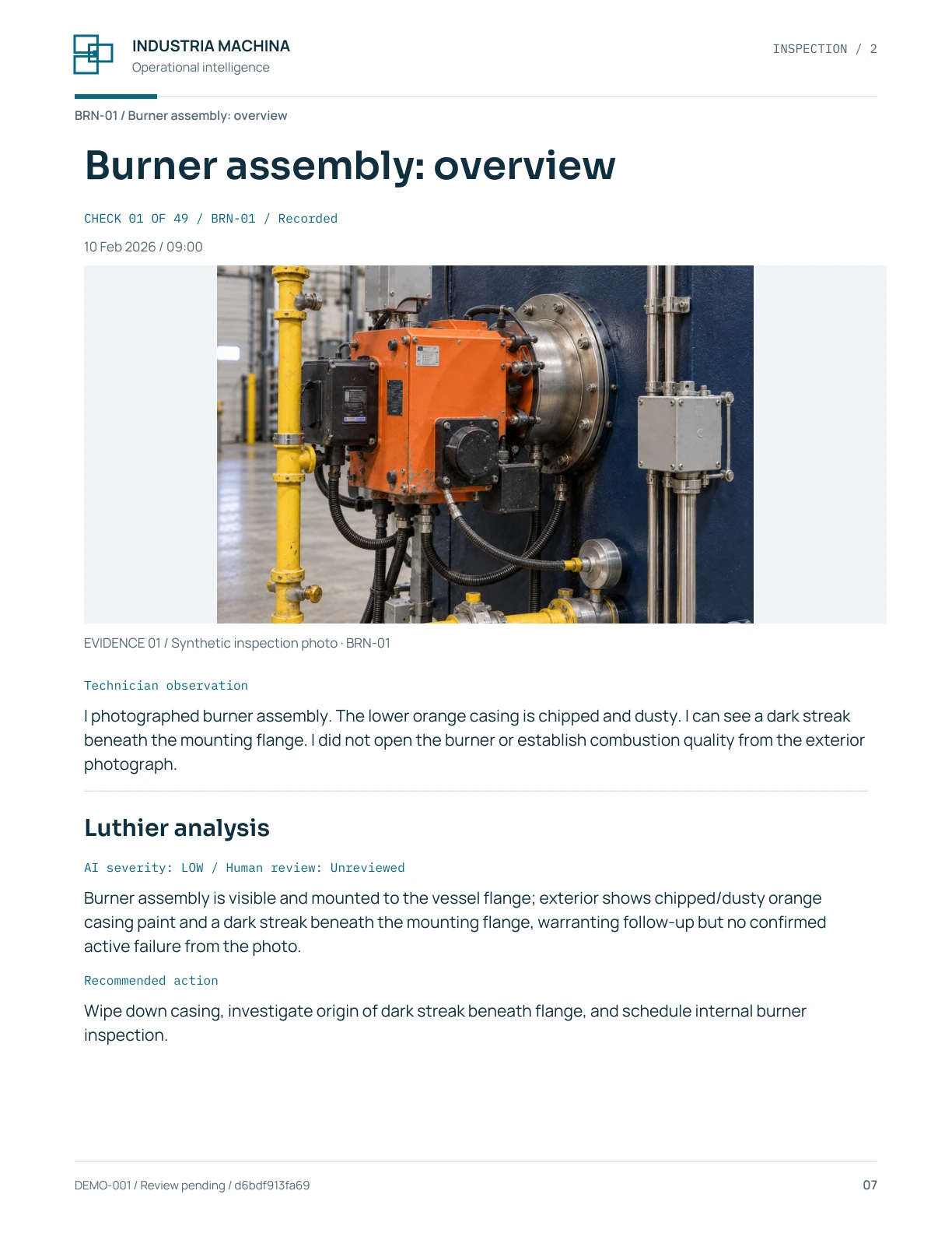 Actual report page 7: burner photograph, technician observation, Luthier analysis and Human review: Unreviewed