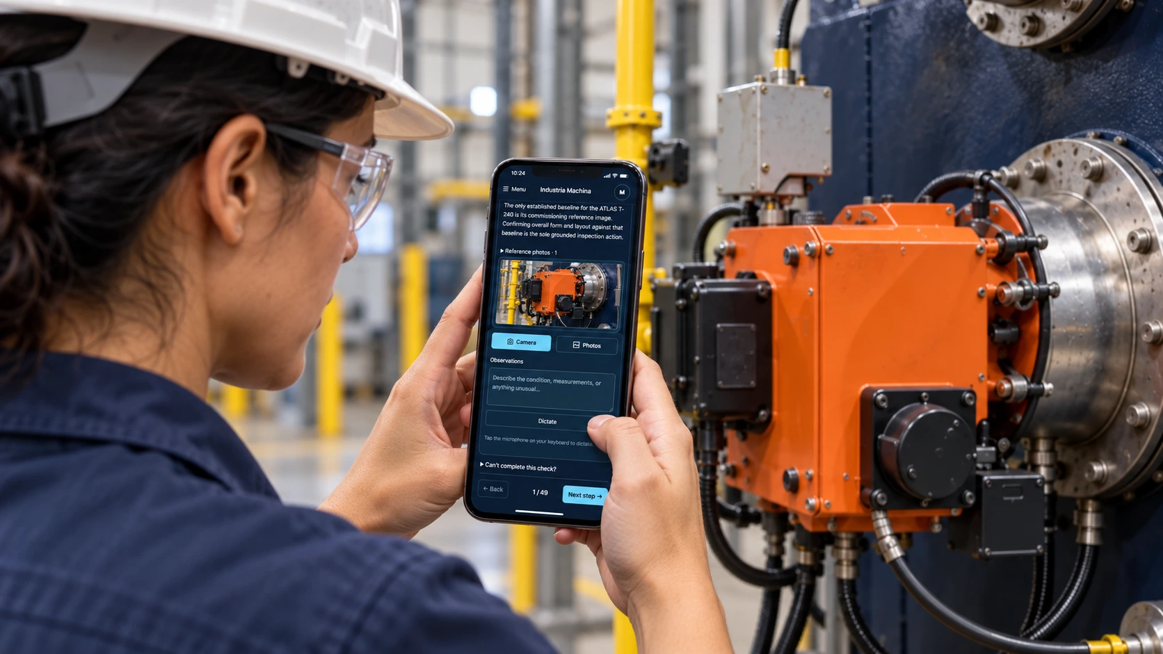 Illustrative technician photographing industrial equipment